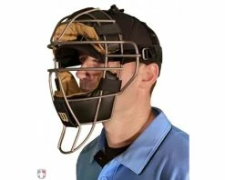 Wilson Umpire Gear Wilson MLB Titanium Umpire Mask With Two-Tone -Baseball Gear Sales A3007T Wilson Titanium Umpire Mask Worn Front Angled View 1