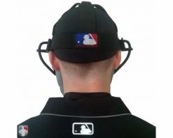Wilson Umpire Gear Wilson MLB Black Dyna-Lite Aluminum Umpire Mask With Black And Grey Wrap Around -Baseball Gear Sales A3009 AL BK GY Worn Back with Black Shirt