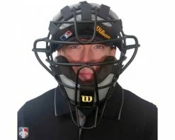 Wilson Umpire Gear Wilson MLB Black Dyna-Lite Aluminum Umpire Mask With Black And Grey Wrap Around -Baseball Gear Sales A3009 AL BK GY Worn Front with Black Shirt