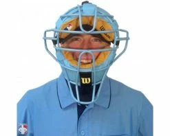 Wilson Umpire Gear Wilson MLB Sky Blue Dyna-Lite Steel Umpire Mask With Sky Blue And Tan -Baseball Gear Sales A3009 BL TN Worn Front