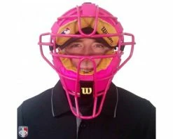 Wilson Umpire Gear Wilson MLB Pink Dyna-Lite Steel Umpire Mask With Pink And Tan -Baseball Gear Sales A3009 PK TN Worn Front 1