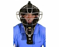 Wilson Umpire Gear Wilson MLB 6" Umpire Throat Guard -Baseball Gear Sales A3901 BK Wilson MLB 6 Umpire Throat Gurad Worn Front View