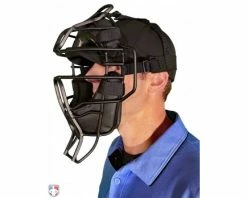 Diamond Umpire Gear Diamond Matte Black Big League Aluminum Umpire Mask With Leather -Baseball Gear Sales DFM BL Diamond Big League Aluminum Umpire Mask with Leather Worn Front Angled View