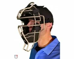 Diamond Umpire Gear Diamond Silver Big League Aluminum Umpire Mask With Leather -Baseball Gear Sales DFM BL SV Diamond Silver Big League Aluminum Umpire Mask with Leather Worn Front Angled View