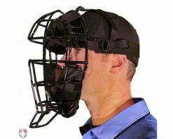 Force3 Umpire Gear Force3 Defender Umpire Mask -Baseball Gear Sales F3 DEF BK BK Force3 Defender Umpire Mask with Black Worn Front Angled View