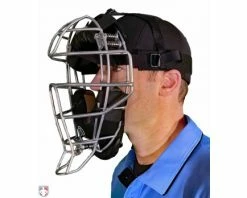 Force3 Umpire Gear Force3 Silver Defender Umpire Mask With Black -Baseball Gear Sales F3 DEF SV BK Force3 Silver Defender Umpire Mask with Black Worn Front Angled View