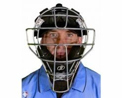 Force3 Umpire Gear Force3 Silver Defender Umpire Mask With Black -Baseball Gear Sales F3 DEF SV BK Force3 Silver Defender Umpire Mask with Black Worn Front View