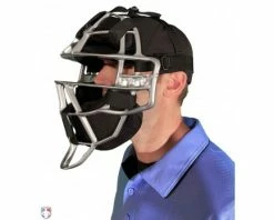 ALL-STAR Umpire Gear All-Star Silver Magnesium Umpire Mask With Black LUC -Baseball Gear Sales FM4000MAG UMP SV BK All Star Magnesium Umpire Mask with Black LUC Worn Front Angled View
