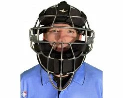 ALL-STAR Umpire Gear All-Star Silver Magnesium Umpire Mask With Black LUC -Baseball Gear Sales FM4000MAG UMP SV BK All Star Magnesium Umpire Mask with Black LUC Worn Front View