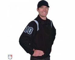 Smitty Umpire Smitty Traditional Half-Zip Umpire Jacket - Black And Powder Blue -Baseball Gear Sales S320 BK PB Smitty Traiditonal Half Zip Umpire Jacket Black with Polo Blue Front Angled View with Black on Light Blue on White Precision Cut Number