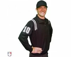 Smitty Umpire Smitty Traditional Half-Zip Umpire Jacket - Black And White -Baseball Gear Sales S320 BK Smitty Traditional Half Zip Umpire Jacket Black White Front Angled View with N4 SUB WBW 1