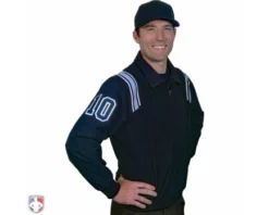 Smitty Umpire Smitty Traditional Half-Zip Umpire Jacket - Navy And Powder Blue -Baseball Gear Sales S320 N PB Smitty Traditional Half Zip Umpire Jacket Navy with Powder Blue Front Angled View with Navy on Powder Blue on White Precision Cut Numbers 1