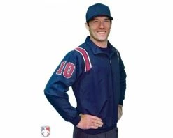 Smitty Umpire Smitty Traditional Half-Zip Umpire Jacket - Navy And Red 6 Smitty Umpire Smitty Traditional Half-Zip Umpire Jacket - Navy And Red -Baseball Gear Sales S320 N R Smitty Traditional Half Zip Umpire Jacket Navy with Red and White Worn Front Angled View with Numbers