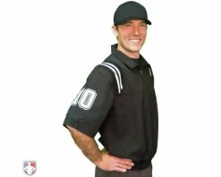 Smitty Umpire Smitty Traditional Half-Zip Short Sleeve Umpire Jacket - Black And White -Baseball Gear Sales S324 BK WH Smitty Traditional Half Zip Short Sleeve Umpire Jacket Black and White Worn Front Angled with N4 SUB WBW