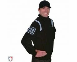 Smitty Umpire Smitty Major League Style Fleece Lined Umpire Jacket - Black And Polo Blue -Baseball Gear Sales S330 BK PB Smitty Major League Style Fleece Lined Umpire Jacket Black with Powder Blue Front Angled View with N4 SUB BPBW