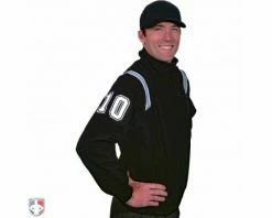 Smitty Umpire Smitty Major League Style Fleece Lined Umpire Jacket - Black And Polo Blue -Baseball Gear Sales S330 BK PB Smitty Major League Style Fleece Lined Umpire Jacket Black with Powder Blue Front Angled View with N4 SUB WBW