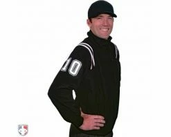 Smitty Umpire Smitty Major League Style Fleece Lined Umpire Jacket - Black And White -Baseball Gear Sales S330 BK WH Smitty Major League Style Fleece Lined Umpire Jacket Black and White Front Angled View with White on Black on White Precision Cut Number