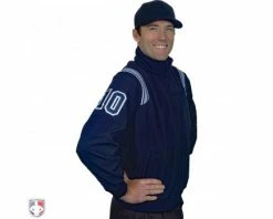 Smitty Umpire Smitty Major League Style Fleece Lined Umpire Jacket - Navy And Polo Blue -Baseball Gear Sales S330 N PB Smitty Major League Style Fleece Lined Umpire Jacket Navy with Powder Blue Front Angled View with Navy on Powder Blue on White Precision Cut Numbers 1