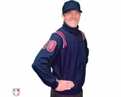 Smitty Umpire Smitty Major League Style Fleece Lined Umpire Jacket - Navy And Red 5 Smitty Umpire Smitty Major League Style Fleece Lined Umpire Jacket - Navy And Red -Baseball Gear Sales S330 N R Smitty Major League Style Fleece Lined Umpire Jacket Navy and Red Front Angled View with Red on Navy on White Precision Cut Numbers 1