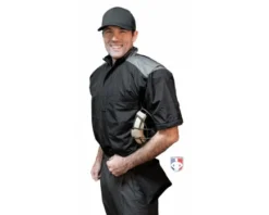 Smitty Umpire Smitty Major League Replica Convertible Umpire Jacket - Black With Charcoal Grey -Baseball Gear Sales S340 Smitty Major League Replica Convertible Umpire Jacket Black with Charcoal Grey angled with no sleeves plate