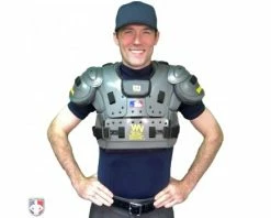 New Balance Referee And Umpire Shoes New Balance Challenger Mock Neck Short Sleeve Compression Shirt - Navy -Baseball Gear Sales TMMT717 N New Balance Mock Neck Challenger Short Sleeve Compression Shirt Navy Worn Front with Chest Protector